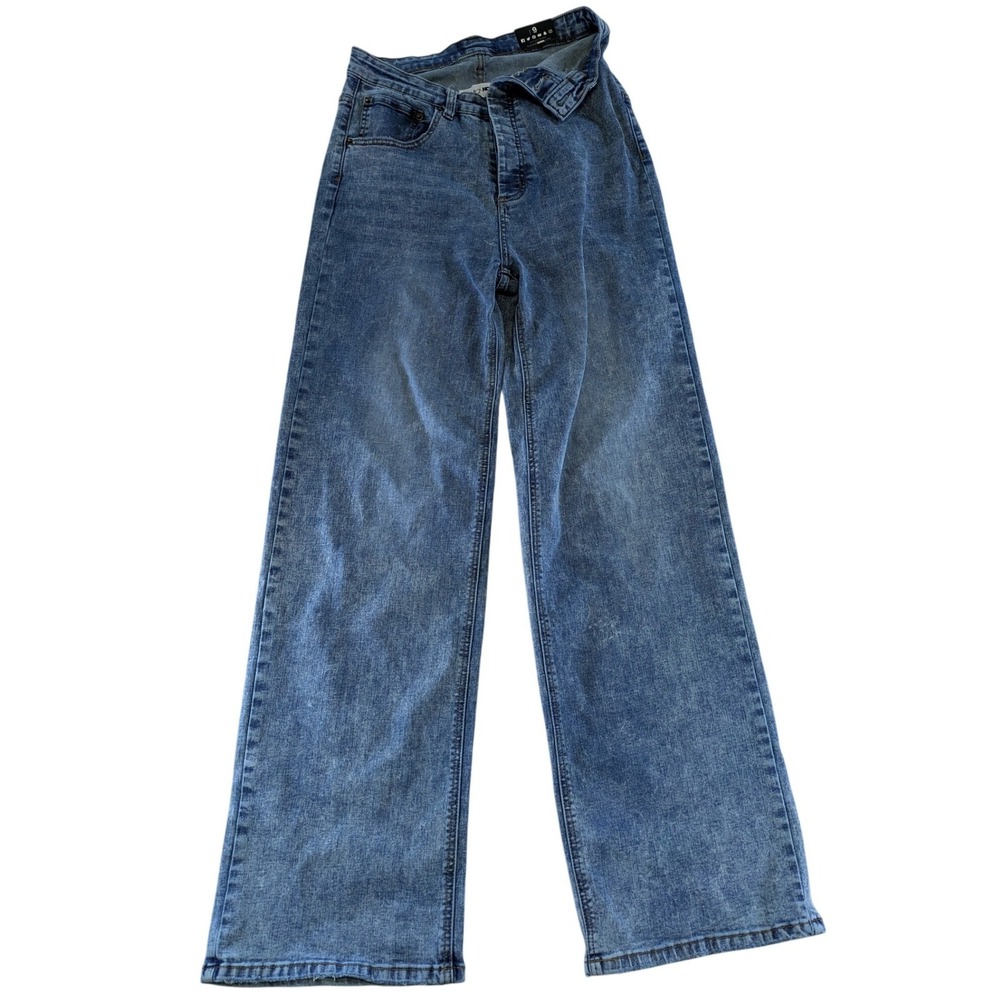 Fashion Nova Carri Foldover Waistband Stretch Straight Leg Jeans Light Wash 9